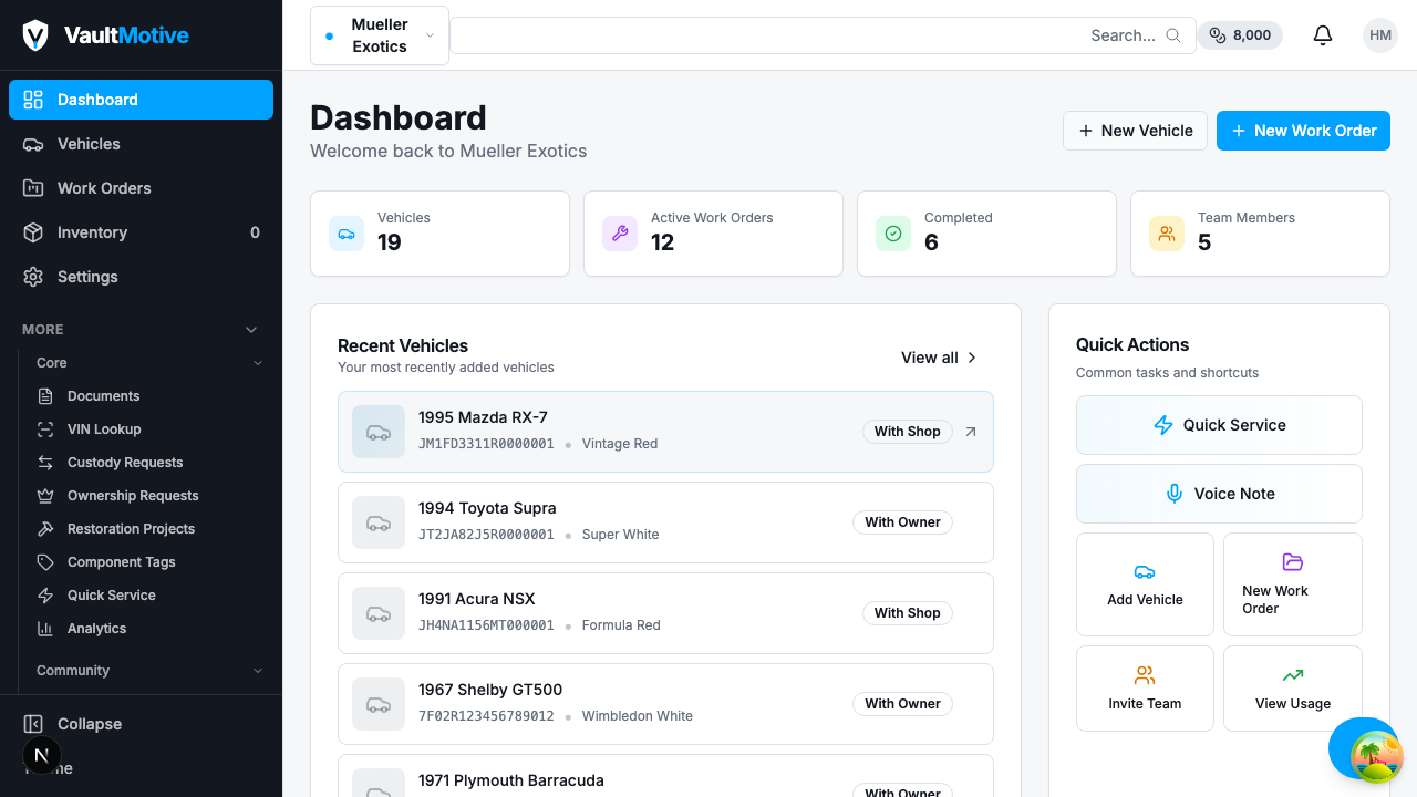 VaultMotive Dashboard Overview - All your vehicle documentation in one place